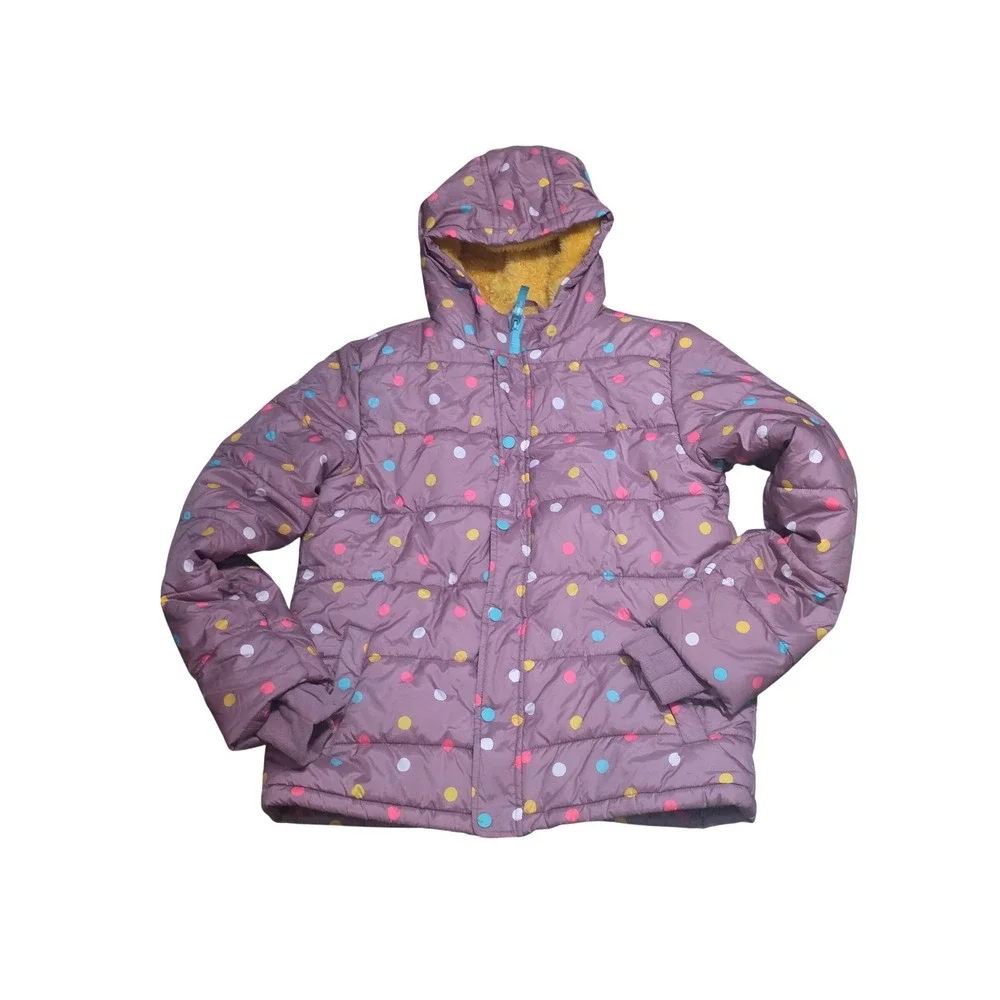 Cat & Jack Kids Purple Polka Dot Puffer Jacket Hooded Faux Fur Lining XXL 16/18
